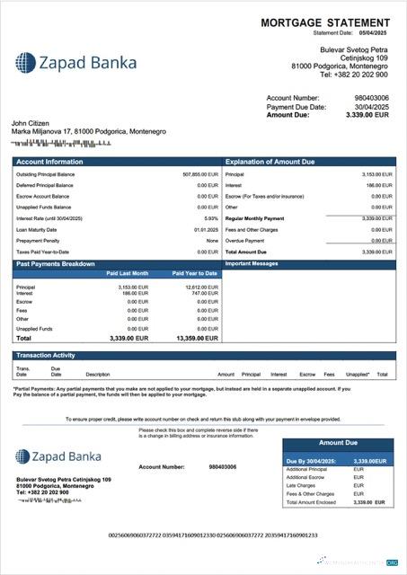 Download Montenegro Zapad banka AD mortgage statement Word and PDF template Photoshop template